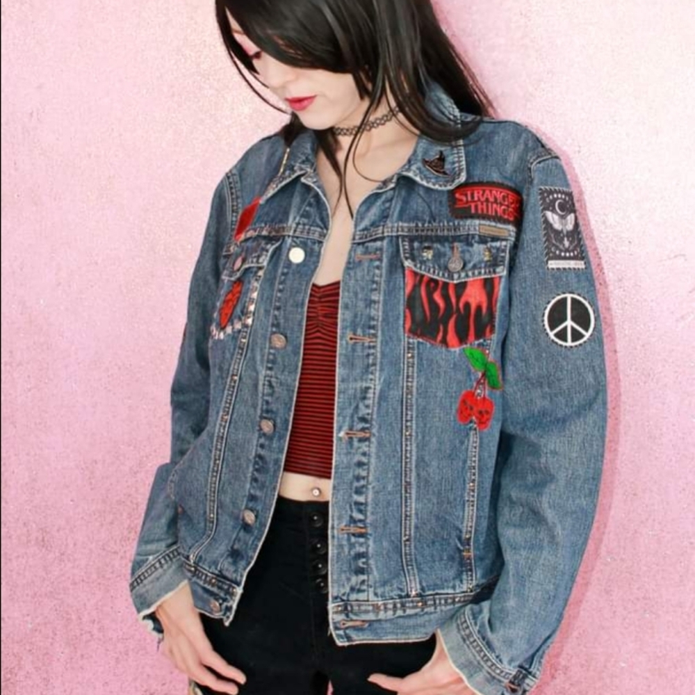 SOLD!!Chilling Adventures of a Hell Witch Calvin Klein y2k patch jean jacket - Picture 10 of 16